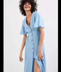 ザラ ブラック Vネック ボタン 半袖 Long ワンピース