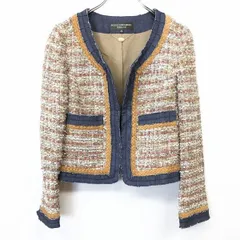 【中古】[印象A] BODY DRESSING Deluxe ボディドレッシング レディース 36 茶色×赤×紺 ノーカラー ジャケット フロントワンホック 裏地付き ボーダー 長袖のサムネイル