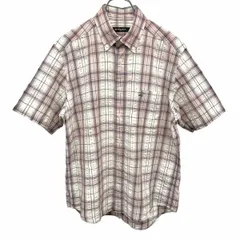 【中古】[印象AB] Golden Bear ゴールデンベア シャツ メンズ M ピンクブラウン系 茶系×紺×黄×紫系×白 綿×ポリ 胸ポケット付き ロングテール 一部クレープ チェック ボタンダウン 半袖 クマ刺繍のサムネイル