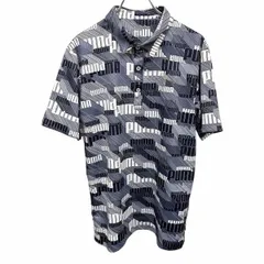 古着 プーマ PUMA ポロシャツ 総柄 ロゴ柄 ポケット無し 半袖 裾の両側にスリット スポーツ カットソー ポリ100% L ネイビー 紺×白 メンズ
