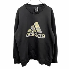 【中古】[印象AB] アディダス adidas カットソー ロゴプリント 迷彩風 プルオーバー 丸首 長袖 綿×ポリ O XL LL ブラック 黒×ベージュ×グレー メンズ
