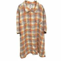 【中古】[印象AB] BLAKE SHELTON|LANDS' END ブレイクシェルトン|ランズエンド シャツ メンズ 4XL 5L オレンジ 麻100% リネン100% 両胸フラップポケット ボックスカット 裾の両サイドにスリット チェック 半袖 大きいのサムネイル