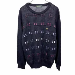古着 Golden Bear ウール系カットソー セーター ジャカード ラインチェック 長袖 ウール×アクリル M ネイビー 紺×ピンク×紫×茶×白 メンズ