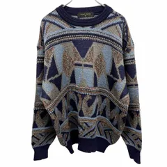【中古】[印象AB] Rudolph Valentino ルドルフヴァレンチノ ニット / セーター メンズ L ネイビー 紺×茶×緑×グレー アクリル×毛×ナイロン 総柄 長袖 丸首のサムネイル