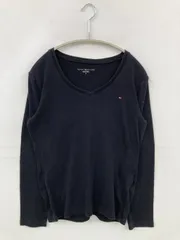 TOMMY HILFIGER トミーヒルフィガー Tシャツ/カットソー M ブラック 無地 ワンポイント ブランドロゴ ミドル丈 長袖 Vネック