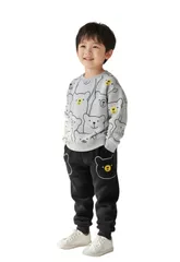[EnDast] グレー 90cm くま柄 2点 セットアップ 長袖 スウェット 長ズボン 上下セット キッズ ベビー服 男の子 ボーイズ 綿混 春 秋 冬 かわいい 韓国子供服_045_