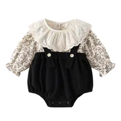 [SLINX] ベビー服 女の子 長袖 ロンパース ２点セット 長袖 ブラウス フォーマル ボディースーツ カバーオール フリル襟 可愛い 花柄 北欧風 百日祝 赤ちゃん おしゃれ 結婚式 出産祝い セレモニー 新生児 子供服 春秋 PF9019 (ブラック,