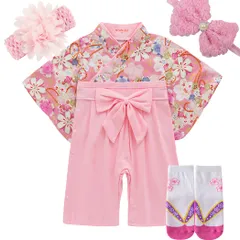 [SLINX] 女の子 赤ちゃん ベビー服 フォーマル 浴衣 着物 和装 4点セット 袴セット 可愛い 初節句 記念撮影 雛祭り 端午の節句 100日祝い 靴下付き ベビー 袴 キッズ 袴風 出産祝い ベビー袴 HF37T (ピンク, 70)