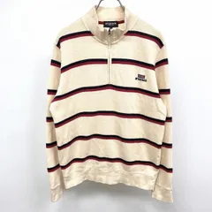 【中古】[印象AB] McGREGOR マックレガー リブカットソー メンズ M ペールオレンジ ベージュ×赤×紺 綿100% ロゴ刺繍 長袖 ボーダー ハーフジップ モックネックのサムネイル