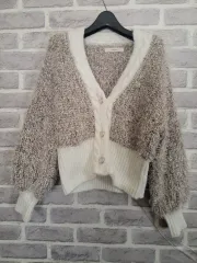 comming J 白バイカラー ベージュ ブークレ カーディガン/賢いレディース