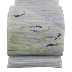 【美品】 名古屋帯 秀品 夏帯 絽 幾何学 金糸 青灰色 正絹 【中古】