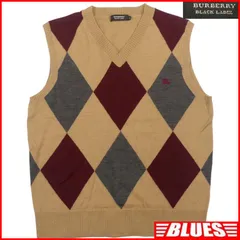 BURBERRY BLACK LABEL バーバリーブラックレーベル ニットベスト L アーガイル柄 3 ウール 茶 ベージュ Vネック ベスト ジレ メンズ