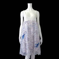 ツモリチサト TSUMORI CHISATO ワンピース キャミワンピース フレア 絹 シルク リボン 青い鳥 総柄 M 2 白 ホワイト 青 ブルー ラベンダー レア 希少