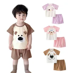 [Lettyhe] ベビー パジャマ キッズ 半袖 半丈ズボン 男の子 女の子 赤ちゃん ボーイズ ガールズ ルームウェア 上下2点セットナイトウェア 子供服 綿 寝巻き トップス パンツ 夏 80cm-120cm (こぐま, 80)