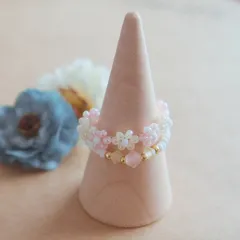 小花 チェコガラス ビーズのリング セット パステルピンク×イエロー