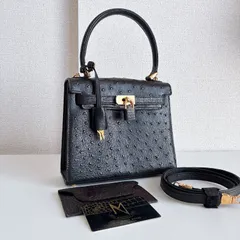 オーストリッチ風 ミニサイズ 2wayハンドバッグ ブラック 鍵付き ポーチ付き ゴールド金具