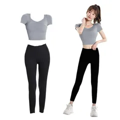 [SooPii] ヨガ レディース 上下セット スポーツウェア トレーニングウェア 2分袖 ブラトップ スポーツブラ スポーツブラジャー ヨガパンツ レギンス 【カップ付き ハイウエスト 吸汗速乾 伸縮通気】 2点 おしゃれ (XL, 04.グレー+ブラッ 1