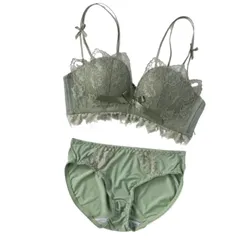 [karim] ノンワイヤーブラ ショーツ セット ブラジャー 盛れる 脇高 ブラ レディース 下着 インナー 上下セット 大人可愛い セクシー ランジェリー 小胸 谷間 おしゃれ レース (グリーン, S（32/70A [グリーン] [S（32/70AB）]