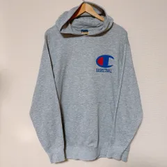 (^w^)b   Champion チャンピオン グレー ビッグCロゴ BASKETBALLプリント プルオーバーパーカー メンズLサイズ ストリート スポーツMIX フーディー 定番人気 カジュアル 古着コーデ メンズ L  OM11558YS