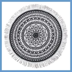 コットン製の手作業デザインラグマット（円形）「約W130×D130cm」（裏面：スベリ止め加工）No.135（モノトーン）