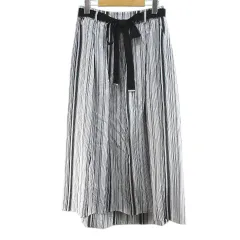 ブランベール blancvert ストライプ柄 フレアスカート ロング丈 38 黒系 ブラック リボン タック 裏地