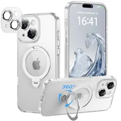 iPhone 15 用 ケース【極限の透明感と保護力】 4in1 カメラ保護一体/MagSafe対応/360度回転スタンド/ストラップホール穴付き 縦横両対応 黄ばみ防止 ワイヤレス充電対応 耐衝撃 カメラフィルム マグネット搭載車載 ホルダー対応 マグセーフ