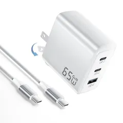 PD 65W 急速充電器 type-c【3台同時に急速充電・超軽量】2M type-c ケーブル付きタイプC GaN II採用 携帯充電器 3ポート「各Cポートで65W」スマホ充電器 小型 折りたたみ式プラグ 旅行に最適【PSE認証済/PD3.0/QC3.0/