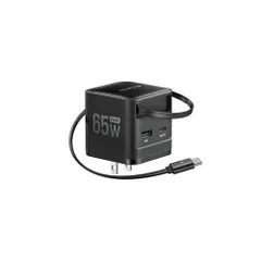 EcoFlow RAPID 65W GaN急速充電器 【70cmUSB-Cケーブル内蔵/折りたたみ式プラグ/一体型/i3台まとめ同時充電/コンパクト設計/iPhone、iPad、Android、Switch、ノートPC 対応) （ブラック）@