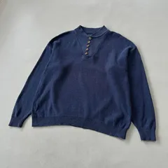 【USA製・L】90s ランズエンド ヘンリーネック コットンニット ネイビー ワイドシルエット