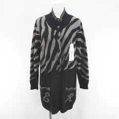 Reknit ゼブラ柄 長袖 カーディガン ニット ミディアム丈 カシミヤ混 L 黒系 ブラック 毛 ウール 裏地 タグ付
