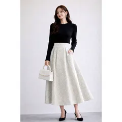 SAISON DE PAPILLON フレア ハイウエスト スカート グレー S レディース フクレジャガード 花柄 ロング丈 上品 きれいめ フォーマル 通勤 オフィス 大人可愛い 美シルエット 裏地付き スタイルアップ 高見え 着回し力抜群 人気 春秋冬