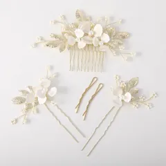 【人気商品】ヘッドドレス 貝殻花 木の葉 モチーフ コーム パール ヘアピン 5本セット 髪飾り ヘアアクセサリー ウェディング 結婚式 娘の卒業式 お呼ばれ 披露宴 発表会 和装用 手作り髪飾り ゴールド
