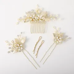 【数量限定】披露宴 お呼ばれ 娘の卒業式 発表会 結婚式 ウェディング ヘアアクセサリー 和装用 5本セット ヘアピン コーム 手作り髪飾り ストーン 花モチーフ 木の葉 ゴールド ヘッドドレス 髪飾り