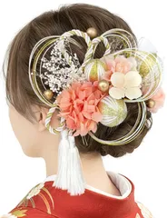 【在庫処分】着物 袴 卒業式 結婚式 和装 振袖 浴衣 水引 あじさい かすみ草 髪飾り 和玉 紫陽花 組紐 金色のビーズ 成人式 ヘッドドレス アクセサリー あんず色×朱衣 HY005