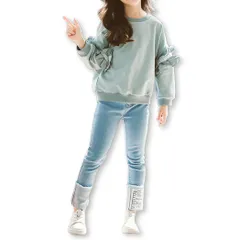 [Lezalic] キッズ セットアップ 長袖 トレーナー デニムパンツ 上下セット パステルブルー 女の子 カジュアル 韓国 子供服 (110) [110]