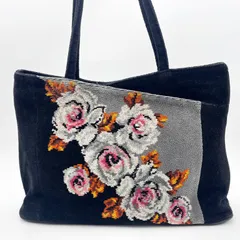 FEILER（フェイラー）フラワー刺繍 シュニール織 トートバッグ ハンドバッグ ブラック グレー 花柄 レディース 【中古】