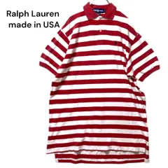 ●棚番号Y-2 USA製　アメリカ製　Ralph Lauren ポロ ラルフローレンポロシャツ 赤白ボーダー　made in USA ポニー刺繍　M オーバーサイズ 鹿の子　メンズ