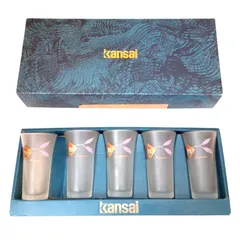 X04048 一口ビールセット グラス コップ ５個 Kansai fine china YK-1008 半透明 ガラス製グラス5個セット 和イラスト 専用箱入り 金縁入り 葉の柄 フロストガラス 中古品 TUMBLER