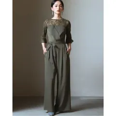 新品 DRESS PLUS レースブラウス セットアップ XL パンツドレス ダークカーキ レディース パーティードレス 結婚式 二次会 フォーマル オケージョン ワイドパンツ ジャンプスーツ 上品 きれいめ 体型カバー 高見え 着回し力抜群 人気 カジュアル