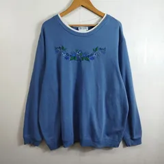 BLAIR ブレア 刺繍 デザイン クルーネック トレーナー スウェット レイヤード風 裏起毛 古着 VINTAGE ブルー系 2XL 大きいサイズ D128