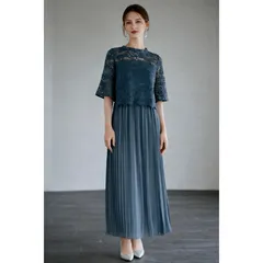 新品 DRESS PLUS レース プリーツ ワンピース ブルーグレー L レディース パーティードレス 結婚式 二次会 フォーマル ミモレ丈 レース袖 上品 エレガント 体型カバー セミフォーマル 発表会 謝恩会 食事会 高見え 着映え 通年 カジュアル 紺