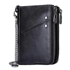 [HollyRobin] 二つ折り財布 メンズ 本革 大容量 二重ファスナー カード15枚収納 コインケース コンパクト チェーン付き 0