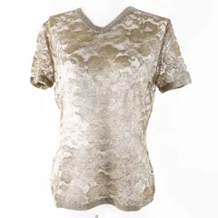 極美品◎Salvatore Ferragamo サルヴァトーレフェラガモ ロゴボタン付き 総レース 半袖 カットソー ゴールド 約M ケース付き レディース