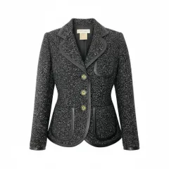 76d9 Yves Saint Laurent イヴサンローラン ツイードジャケット テーラードジャケット ラメニット レザーパイピング ウール混 フランス42 ブラック レディース 女性用o07t