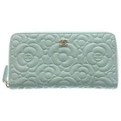 CHANEL (シャネル) カメリア ラウンドファスナー長財布 ロングウォレット カードケース ライトブルー キャビアスキン A8228 ゴールド金具