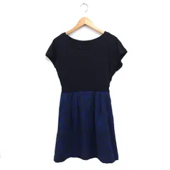 ナチュラルビューティーベーシック NATURAL BEAUTY BASIC 切替 フレア ワンピース フレンチスリーブ ひざ丈 無地 ジャガード M ブラック 黒 ブルー 青 /FT21