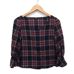 ウィルセレクション WILLSELECTION ノーカラー ブラウス シャツ ショート丈 チェック 柄 ラメ混 フリル袖 七分袖 Vネック M ネイビー 紺 /HT5