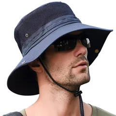 【新品】 [KELEVO] サファリハット メンズ【メッシュ通気構造 折り畳み UVカット】帽子 日焼け 速乾性 軽量 防風 つば広 ひも付き 釣り 登山 ハイキング ゴルフ スポーツ ハット (＃02.ネイビー)