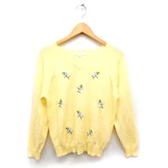 グローブ grove 花刺繍 Vネック ニット セーター 長袖 綿混 M イエロー 黄 /FT33