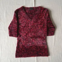 90s　vintage　ヴィンテージ古着　レッド　マルチカラー　グラデーション　ファー　Vネック　半袖シャギーニット　セーター　フリーサイズ　一点物　フェアリーグランジ　Y2K　サブカル　short sleeve multi color shaggy knit